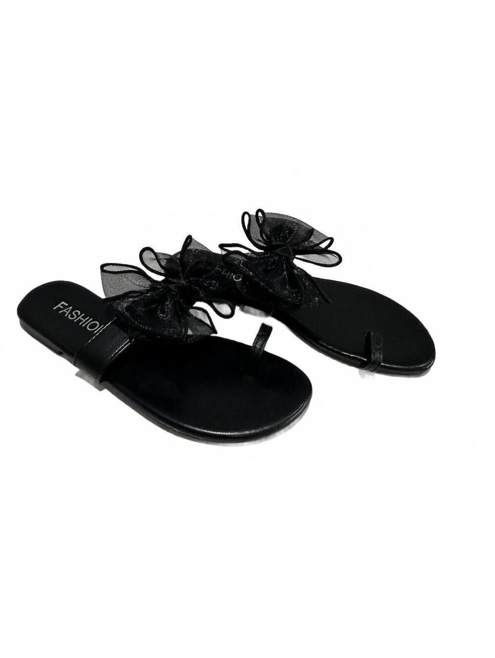 Black Flat Sandals with Decorative Black Bow Accent Size US 8.5/EU 39